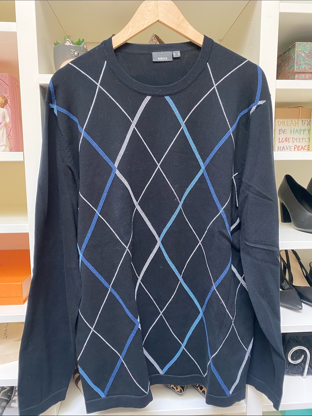 MEXX - Black Argyle Sweater with Blue & White Diamonds. XL.  LIKE NEW!